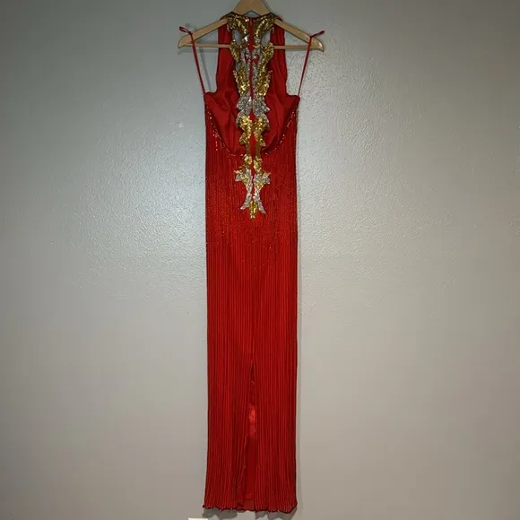 Red, silver and gold formal gown dripping in beads and sequins by Sterling