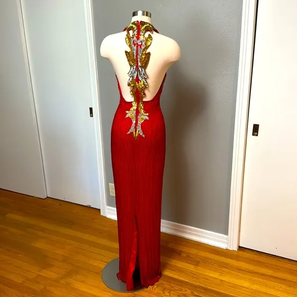 Red, silver and gold formal gown dripping in beads and sequins by Sterling