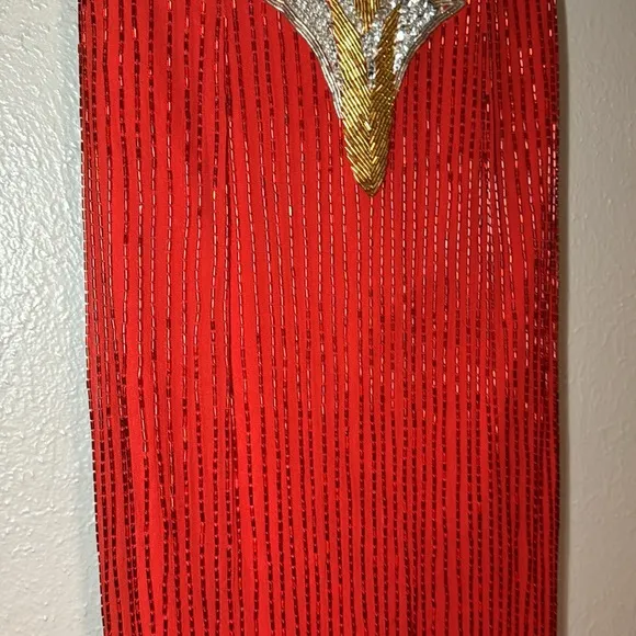 Red, silver and gold formal gown dripping in beads and sequins by Sterling