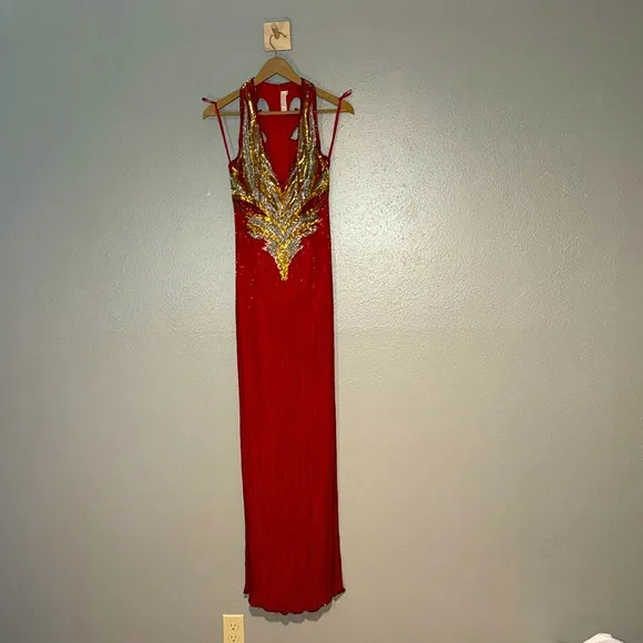 Red, silver and gold formal gown dripping in beads and sequins by Sterling