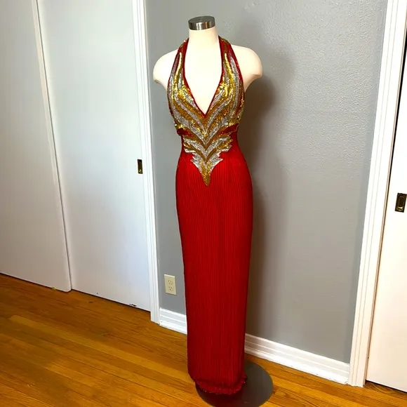 Red, silver and gold formal gown dripping in beads and sequins by Sterling