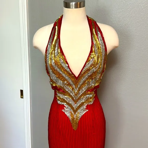 Red, silver and gold formal gown dripping in beads and sequins by Sterling