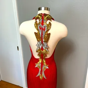 Red, silver and gold formal gown dripping in beads and sequins by Sterling