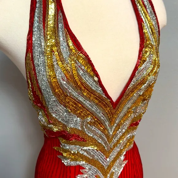 Red, silver and gold formal gown dripping in beads and sequins by Sterling