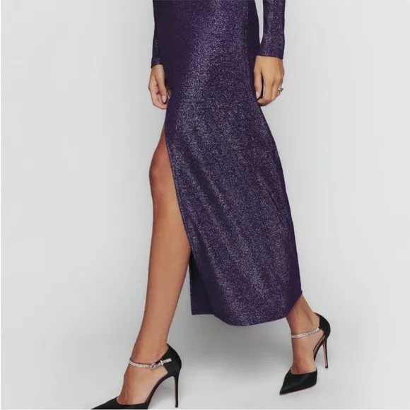 REFORMATION 90s Metallic Sparkle Ruched Waist High Rise Front Slit Maxi Skirt XL