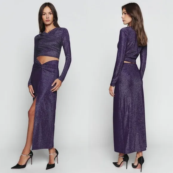 REFORMATION 90s Metallic Sparkle Ruched Waist High Rise Front Slit Maxi Skirt XL