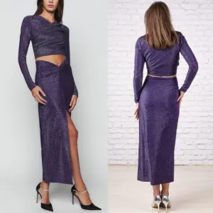 REFORMATION 90s Metallic Sparkle Ruched Waist High Rise Front Slit Maxi Skirt XL