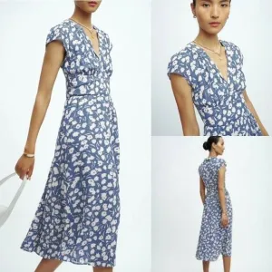 Reformation Alisa Dress Blue Floral Cottage Midi Corset Dress Size 0 Babydoll