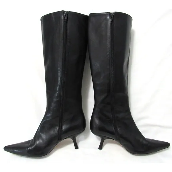 Reformation Black Leather Remy Kitten Heel Side Zip Knee Pointed Boots 6.5 B EUC