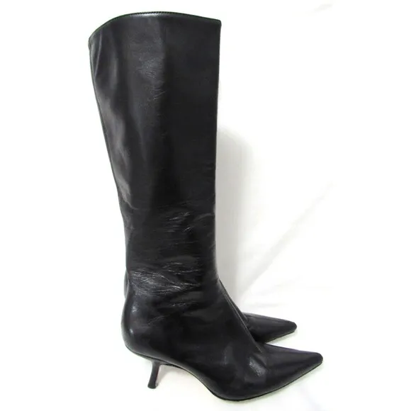 Reformation Black Leather Remy Kitten Heel Side Zip Knee Pointed Boots 6.5 B EUC