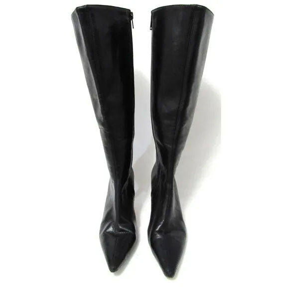 Reformation Black Leather Remy Kitten Heel Side Zip Knee Pointed Boots 6.5 B EUC