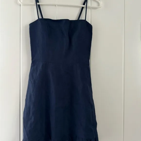 Reformation Kiernan Navy Linen Ruffle Mini Dress 0