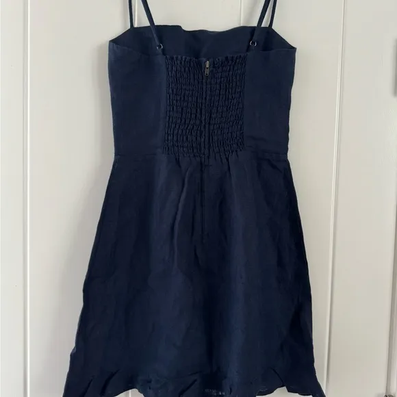 Reformation Kiernan Navy Linen Ruffle Mini Dress 0