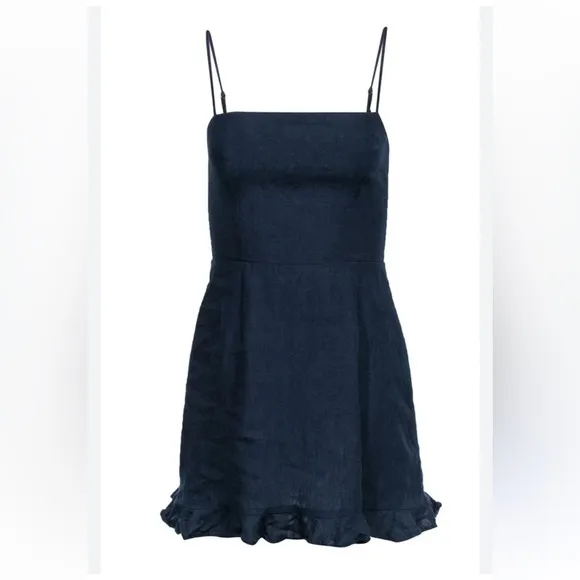 Reformation Kiernan Navy Linen Ruffle Mini Dress 0
