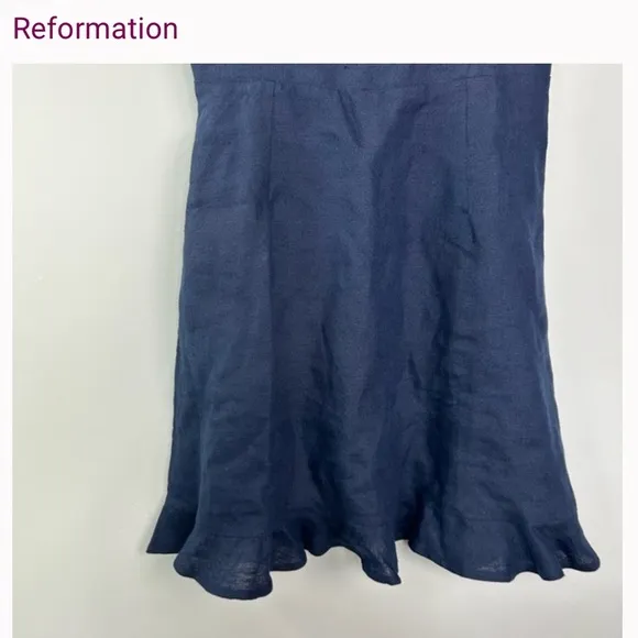 Reformation Kiernan Navy Linen Ruffle Mini Dress 0