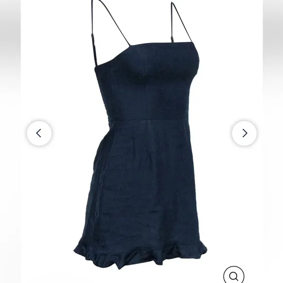 Reformation Kiernan Navy Linen Ruffle Mini Dress 0