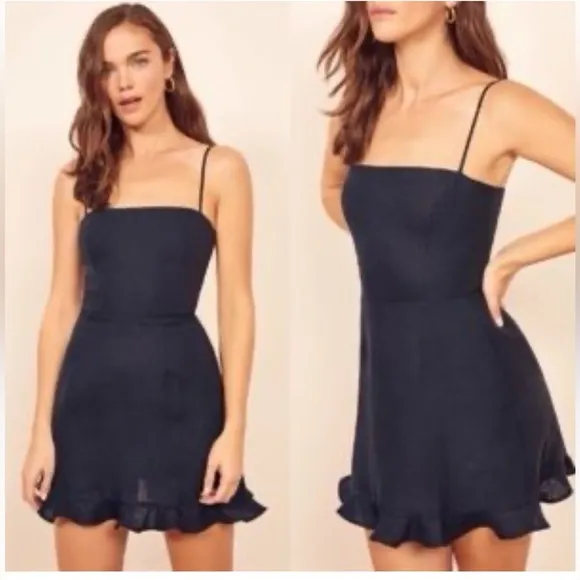 Reformation Kiernan Navy Linen Ruffle Mini Dress 0