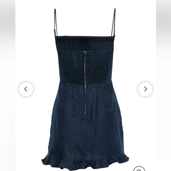 Reformation Kiernan Navy Linen Ruffle Mini Dress 0
