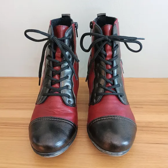 Remonte Dorndorf Red Heeled Leather Lace up Booties Boots Side Zip Womens 37