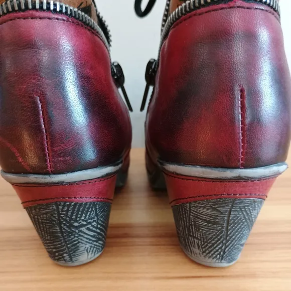 Remonte Dorndorf Red Heeled Leather Lace up Booties Boots Side Zip Womens 37