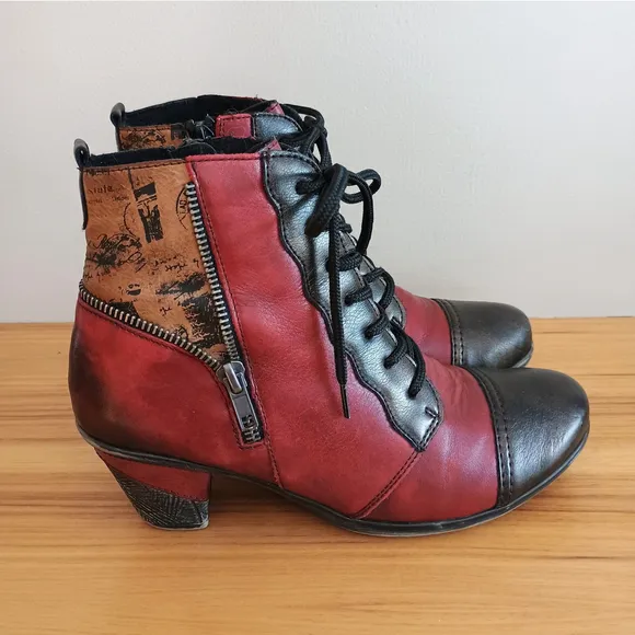 Remonte Dorndorf Red Heeled Leather Lace up Booties Boots Side Zip Womens 37