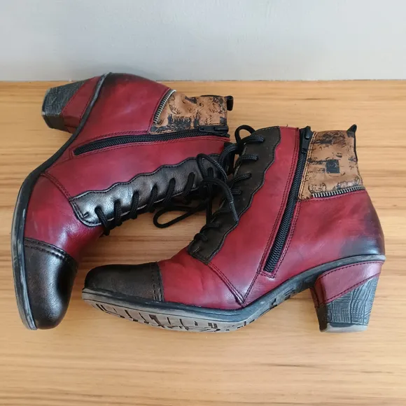 Remonte Dorndorf Red Heeled Leather Lace up Booties Boots Side Zip Womens 37