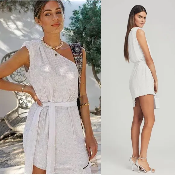 RETROFETE Hand Stitched Sequin One Shoulder Sleeveless Tie Waist Mini Dress S