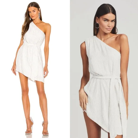 RETROFETE Hand Stitched Sequin One Shoulder Sleeveless Tie Waist Mini Dress S