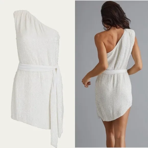 RETROFETE Hand Stitched Sequin One Shoulder Sleeveless Tie Waist Mini Dress S