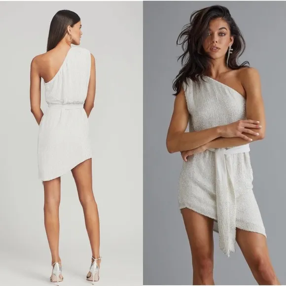 RETROFETE Hand Stitched Sequin One Shoulder Sleeveless Tie Waist Mini Dress S