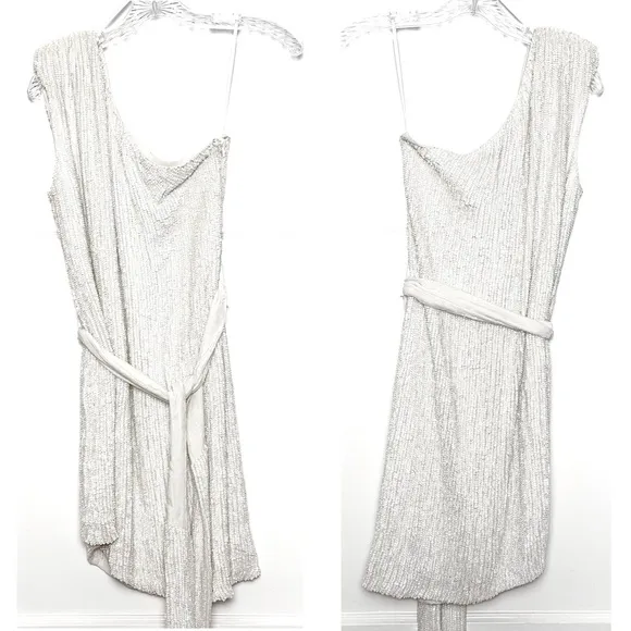 RETROFETE Hand Stitched Sequin One Shoulder Sleeveless Tie Waist Mini Dress S