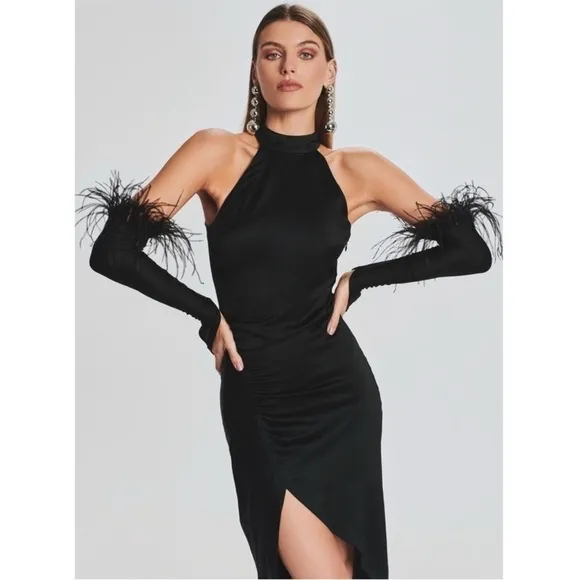 RETROFETE Satin Sleeveless Halter Mockneck Asymmetric Ruched Side Slit Gown S