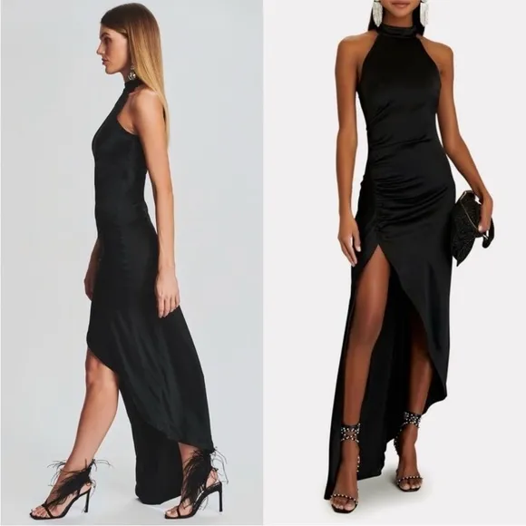 RETROFETE Satin Sleeveless Halter Mockneck Asymmetric Ruched Side Slit Gown S