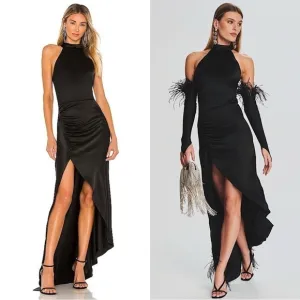 RETROFETE Satin Sleeveless Halter Mockneck Asymmetric Ruched Side Slit Gown S
