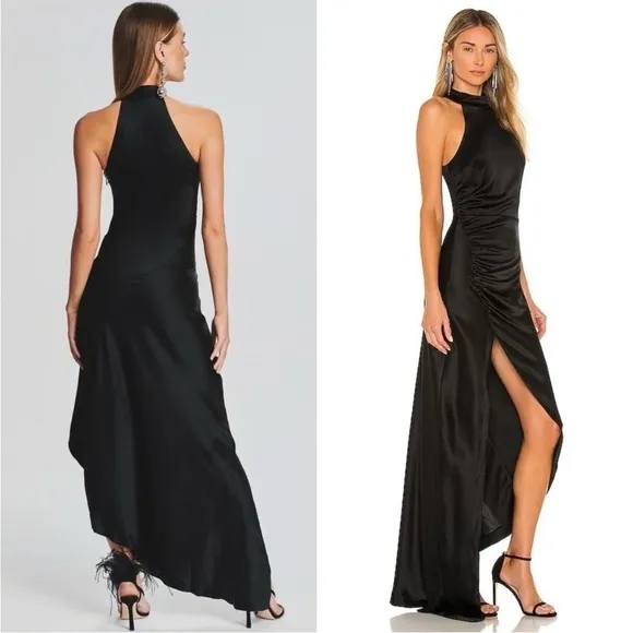 RETROFETE Satin Sleeveless Halter Mockneck Asymmetric Ruched Side Slit Gown S
