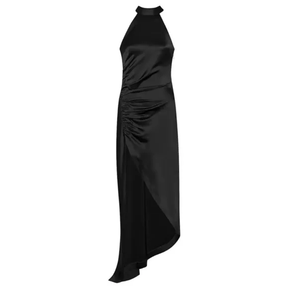RETROFETE Satin Sleeveless Halter Mockneck Asymmetric Ruched Side Slit Gown S