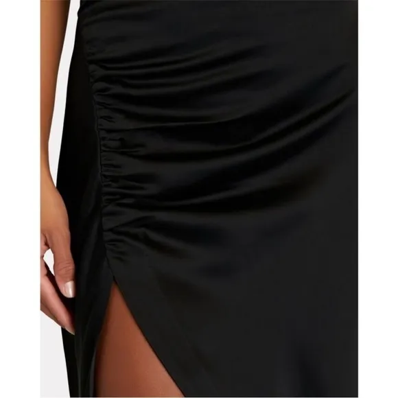 RETROFETE Satin Sleeveless Halter Mockneck Asymmetric Ruched Side Slit Gown S