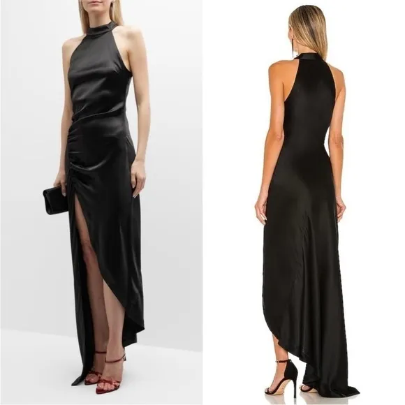 RETROFETE Satin Sleeveless Halter Mockneck Asymmetric Ruched Side Slit Gown S