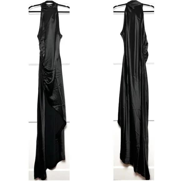 RETROFETE Satin Sleeveless Halter Mockneck Asymmetric Ruched Side Slit Gown S