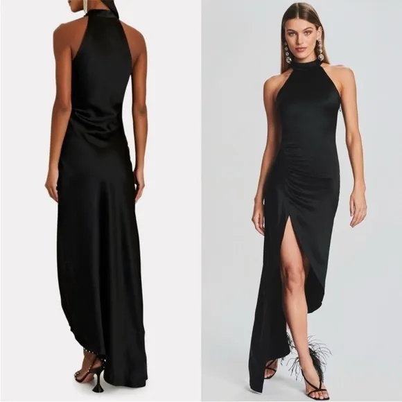 RETROFETE Satin Sleeveless Halter Mockneck Asymmetric Ruched Side Slit Gown S