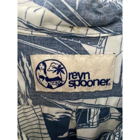 Reyn Spooner Shirt Button Down Sailboat Blue White Sailing Boat Aloha XX…