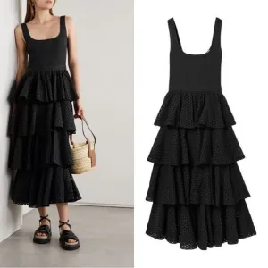 RHODE Naomi Tiered Shirred Broderie Anglaise Cotton Midi Dress
