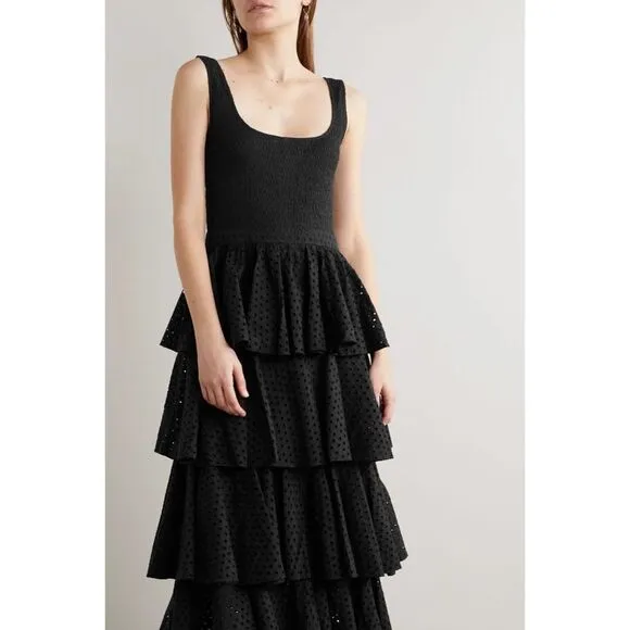 RHODE Naomi Tiered Shirred Broderie Anglaise Cotton Midi Dress