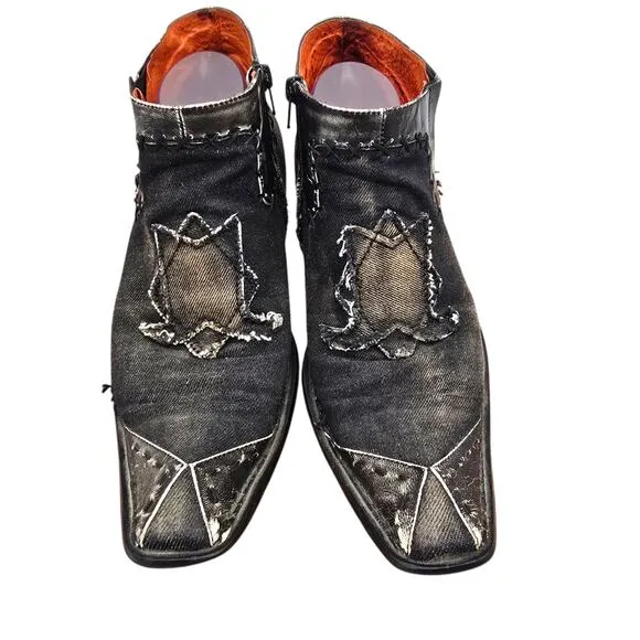 Robert Wayne Morris Mens 7 Dark Gray Distressed Denim Side Zip Square Toe Boots