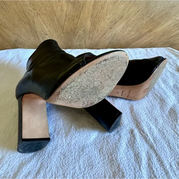 ROCHAS open toe black leather side zip block heel boots