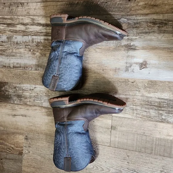 Rocky Western Cowboy Boots Kids Size 4M Brown &amp; Denim Leather Square Toe Ranch