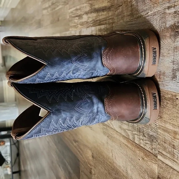 Rocky Western Cowboy Boots Kids Size 4M Brown &amp; Denim Leather Square Toe Ranch