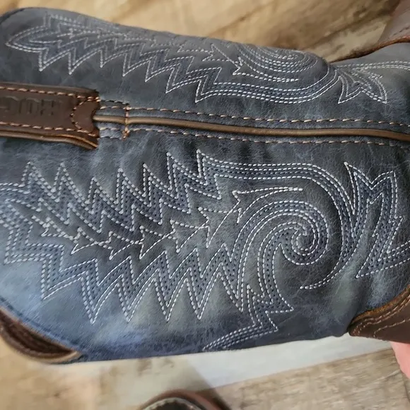 Rocky Western Cowboy Boots Kids Size 4M Brown &amp; Denim Leather Square Toe Ranch