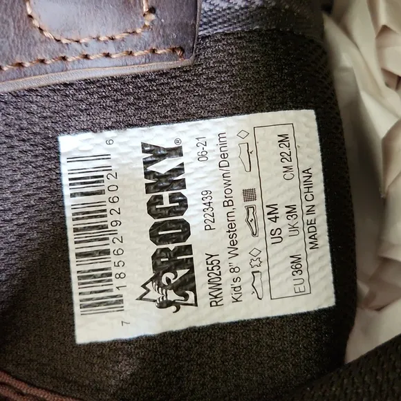 Rocky Western Cowboy Boots Kids Size 4M Brown &amp; Denim Leather Square Toe Ranch