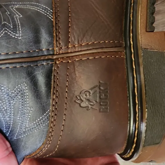 Rocky Western Cowboy Boots Kids Size 4M Brown &amp; Denim Leather Square Toe Ranch
